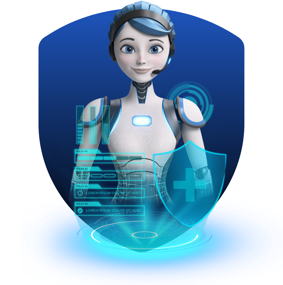 Holographic female robot assistant with futuristic health insurance interface.