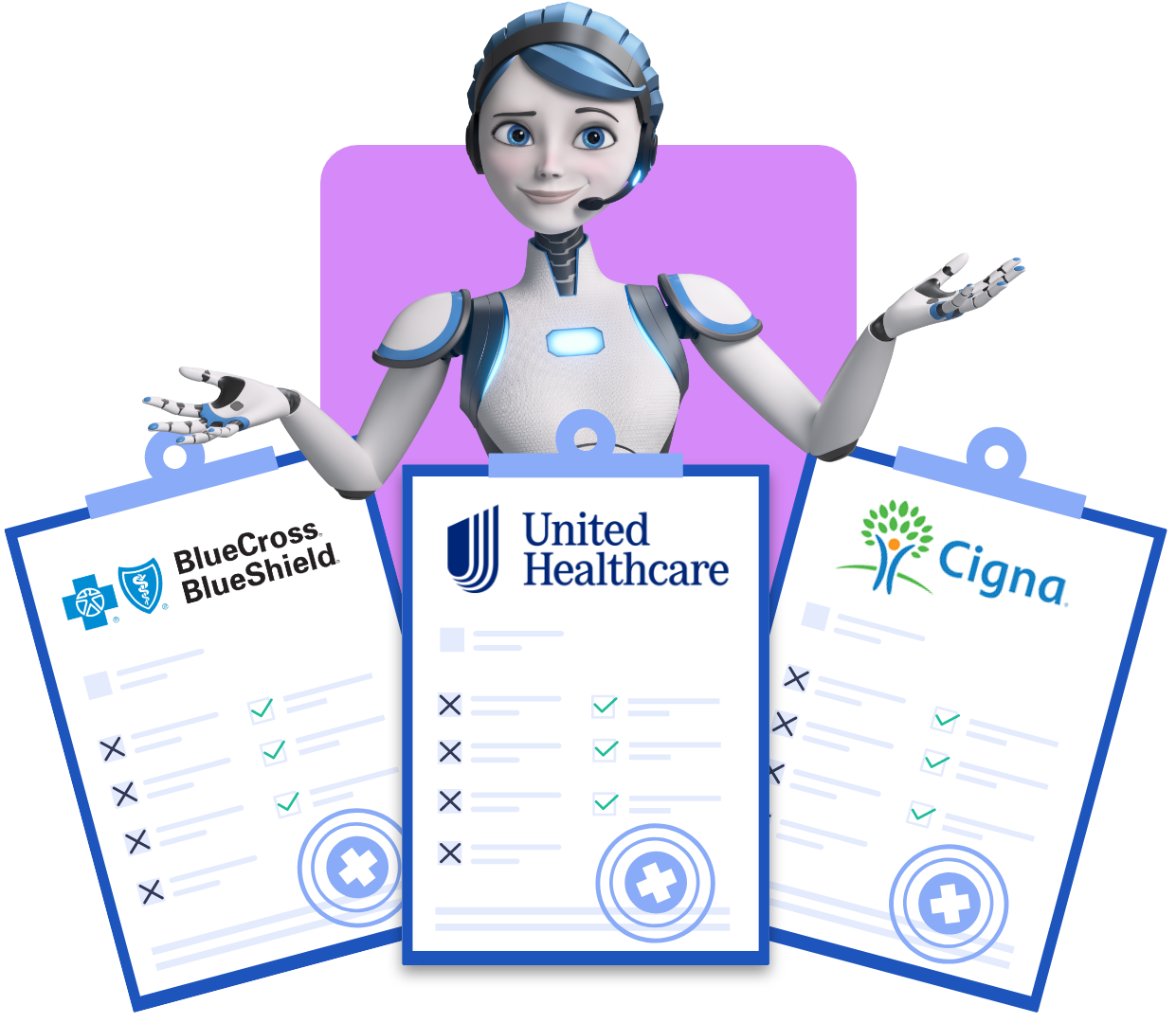 A female robot assistant standing behind three clipboards displaying health insurance options: BlueCross BlueShield, United Healthcare, and Cigna, with checkmarks and icons indicating comparisons.