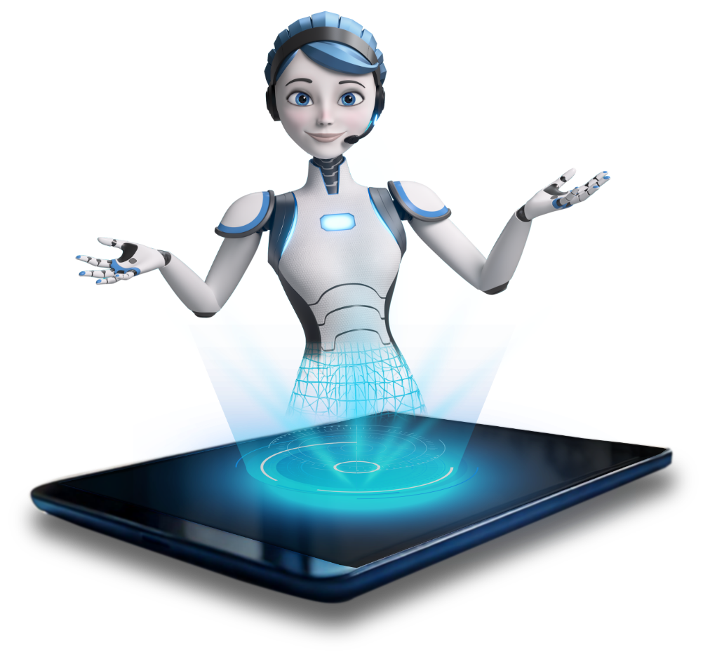 A female robot assistant emerging from a smartphone screen.