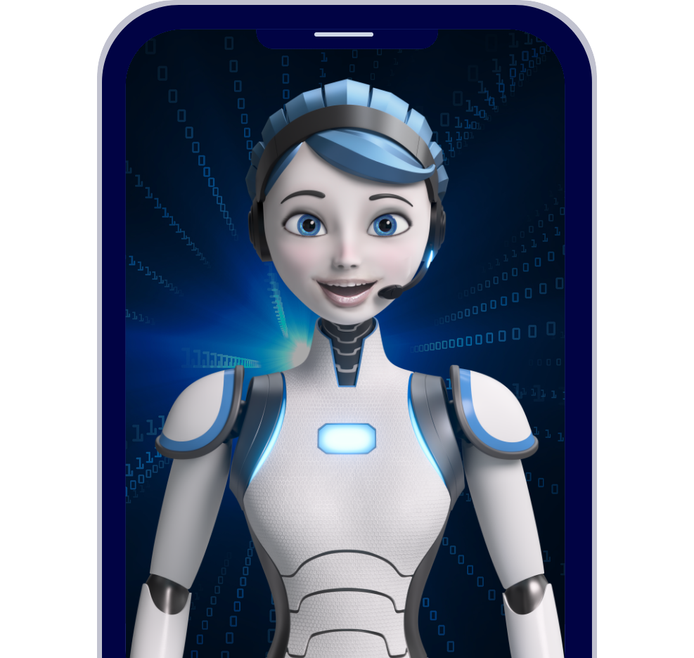 Smiling holographic female robot assistant displayed on a smartphone screen, with a digital blue background featuring binary code.