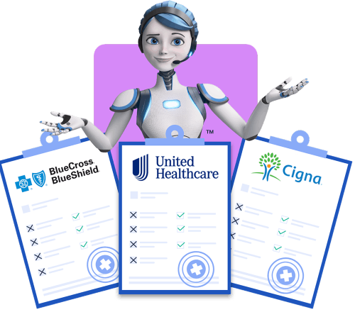Honesty AI Assistant, friendly animated character with healthcare plans from known brands in her hands